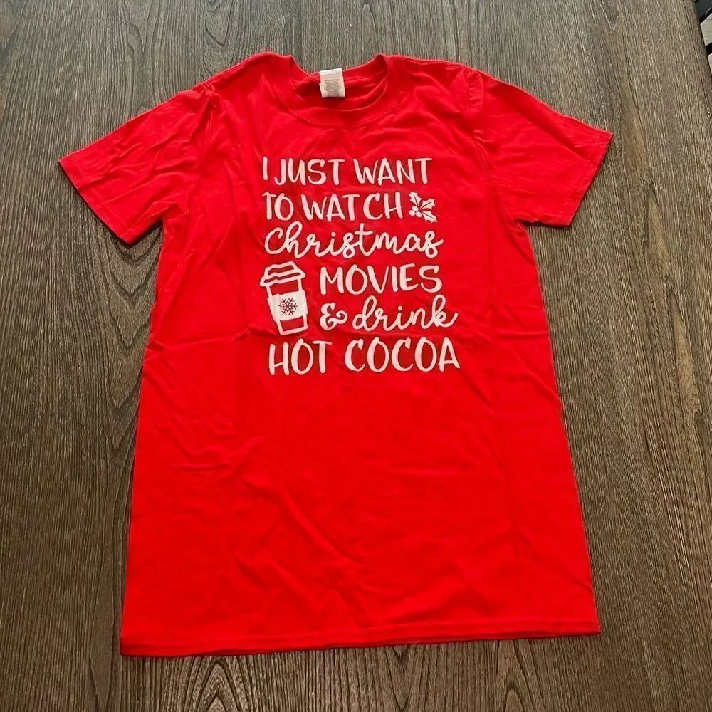 NWOT Christmas Movies Hot Cocoa Graphic Funny Holiday Short Sleeve T-Shirt Sz S